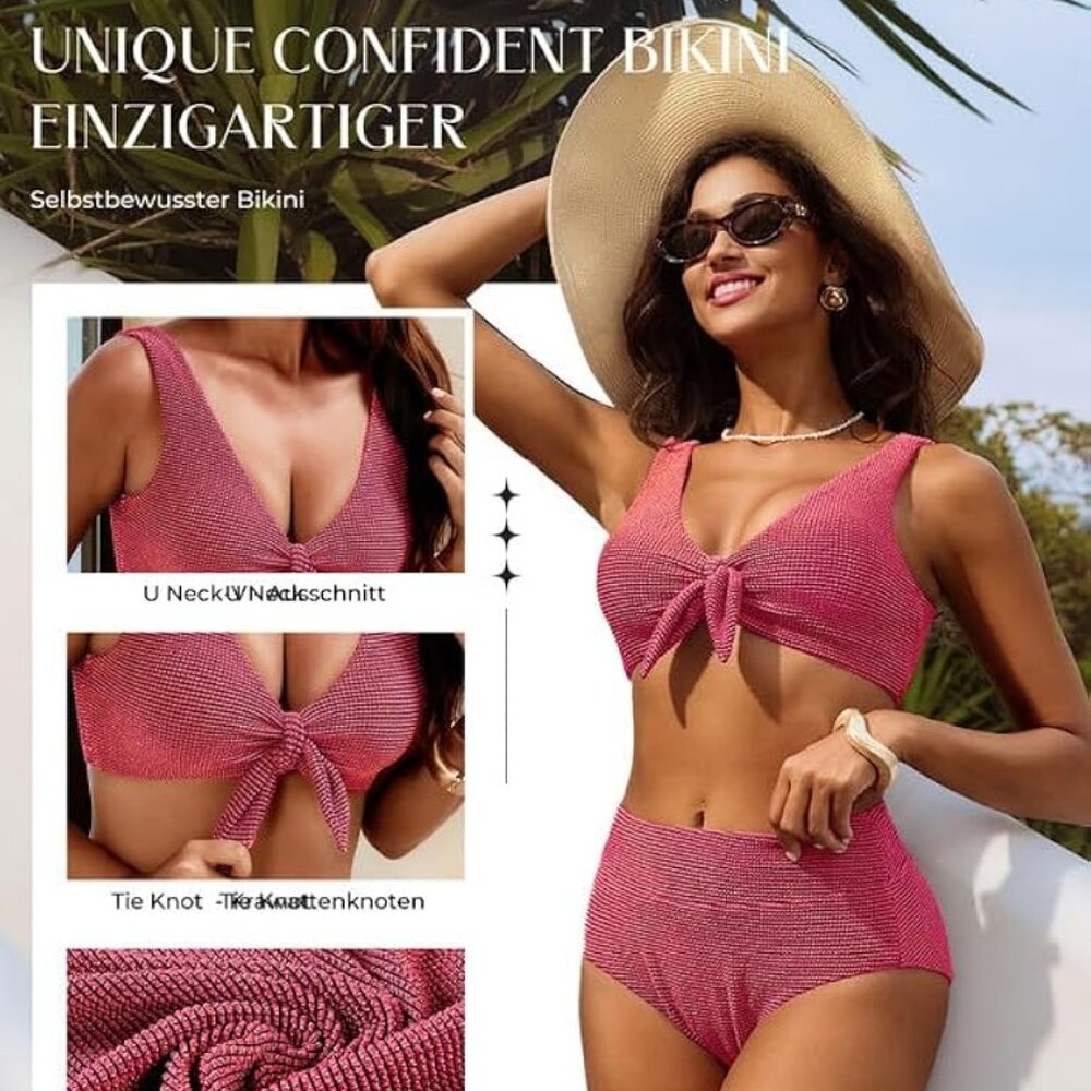 New Hanna Nikole High Waisted Textured  Tummy Control Rose Bikini Set